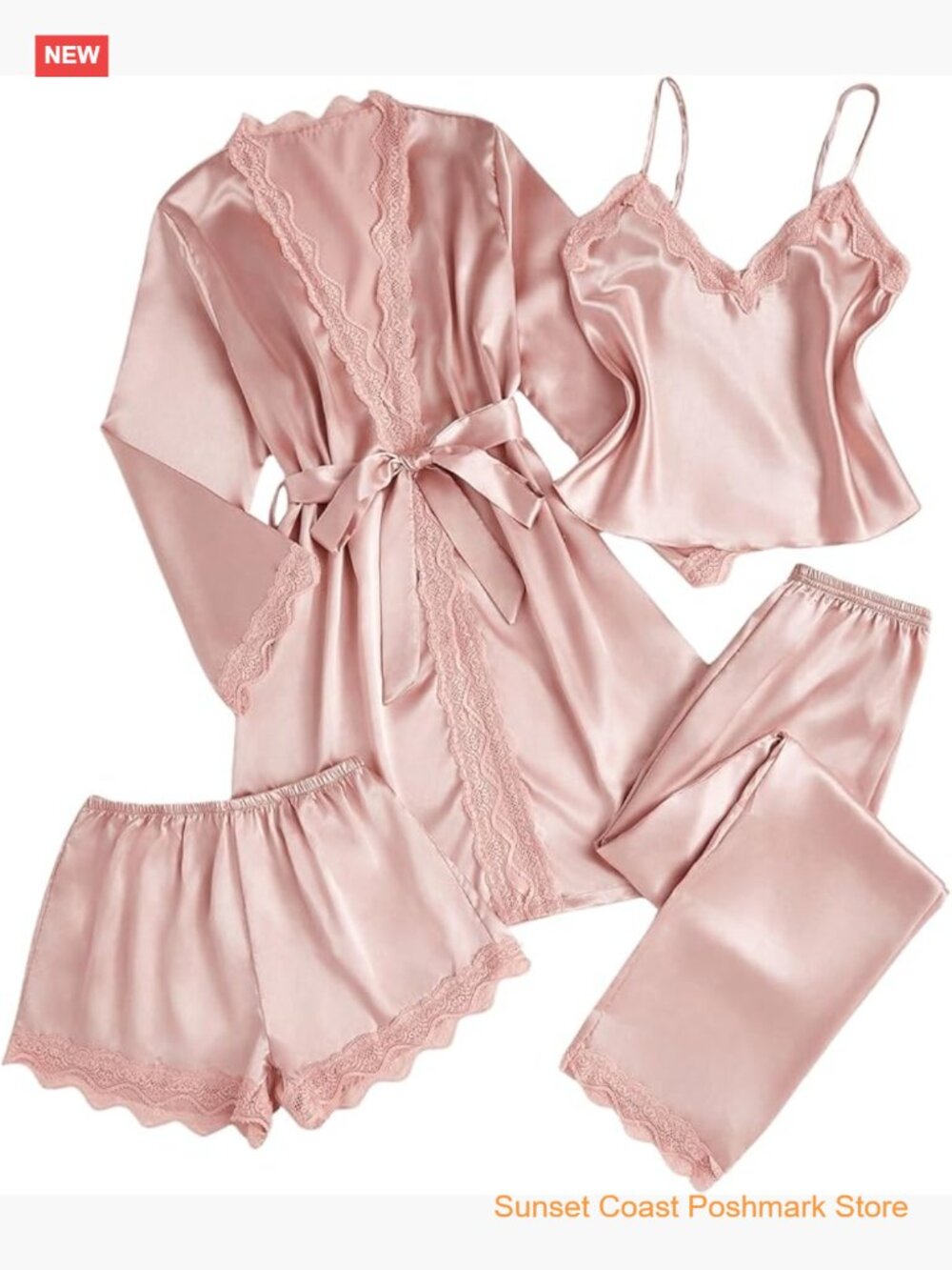 4-Piece Silk Pajama Set with Lace Trim Robe